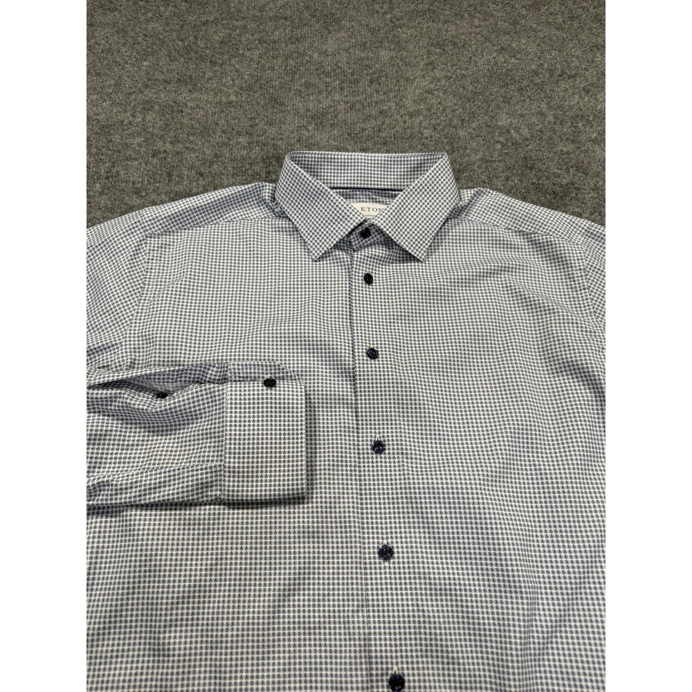 Eton Dress Shirt Mens 17.5 Blue Geometric Contemporary Long Sleeve Button Up